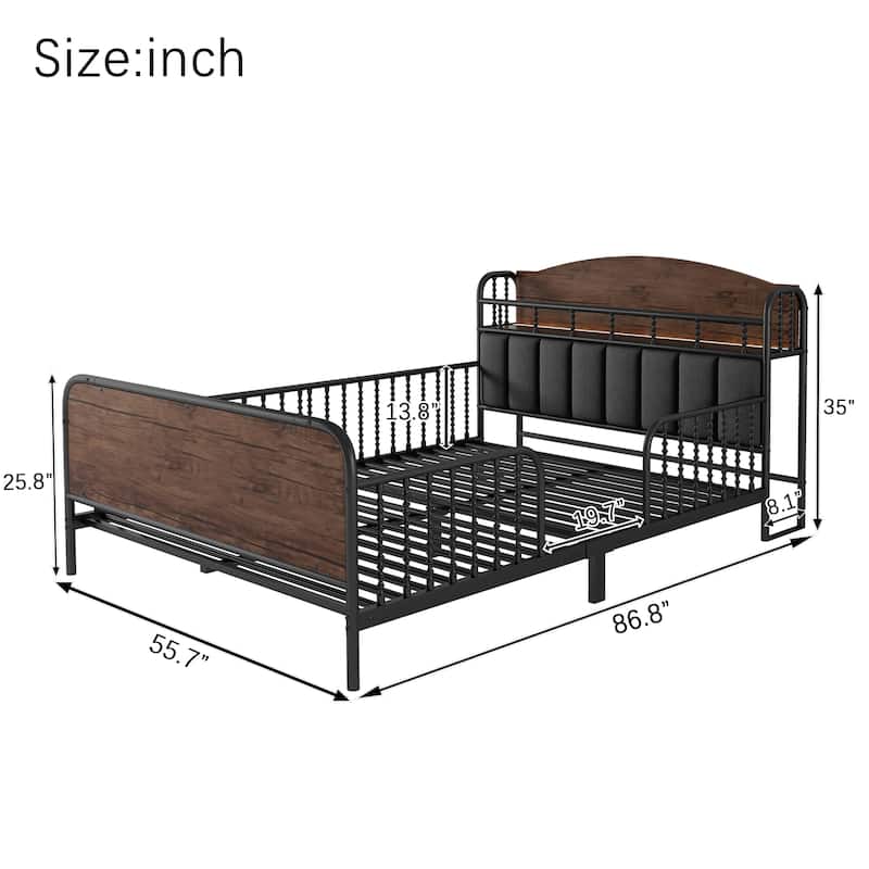 Kids Platform Bed Metal Frame with Linen Fabric Upholstered Storage Headboard Built-in Light Strip, Both Sides Rails