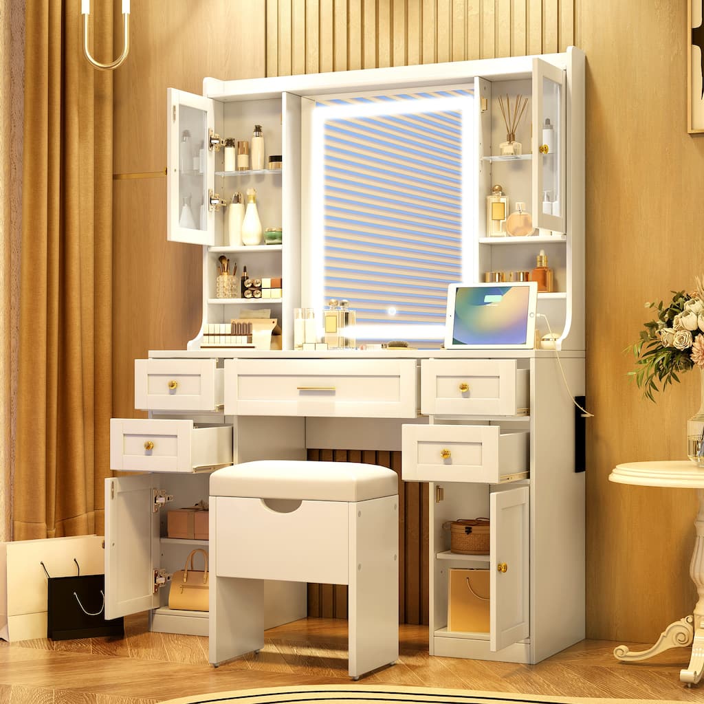 Makeup Vanity Desk with Lighted Mirror & Charging Station, Large Vanity Table Set with Drawers & Storage Stool for Bedroom