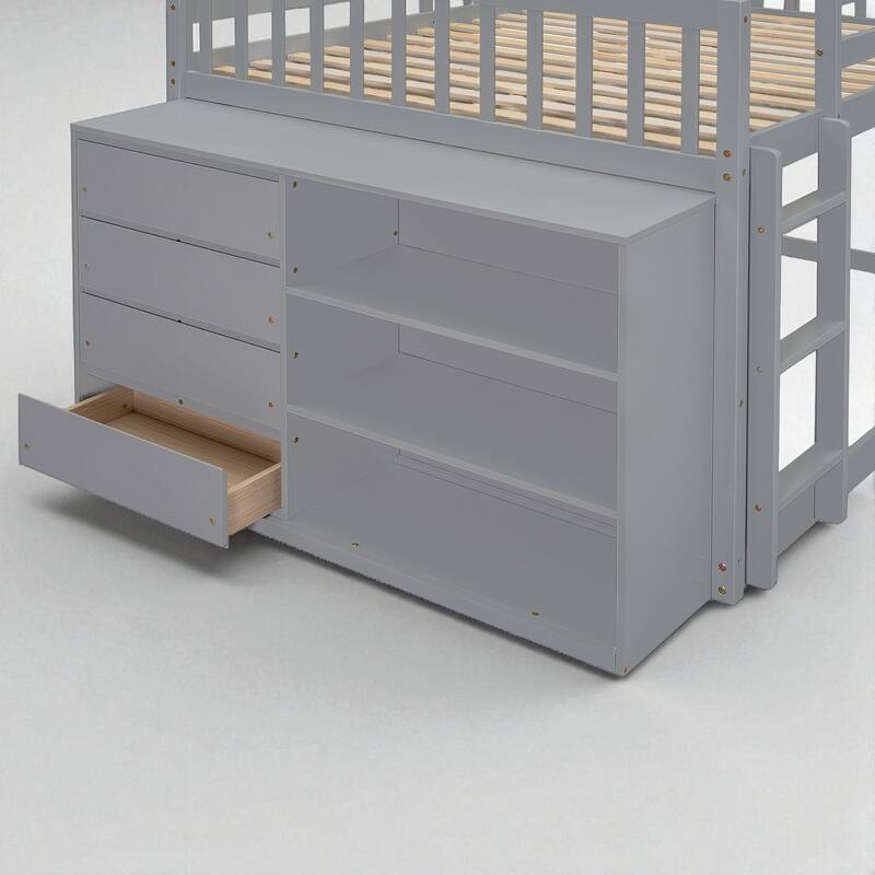 Twin over Twin or Full over Full Bunk Bed with Storage Drawers, Shelves, and Reversible Ladder
