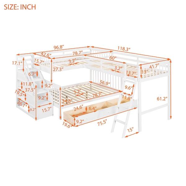 dimension image slide 0 of 3, Twin over Full L-Shaped Wooden Bunk Bed,Sloping Ladder and Staircase