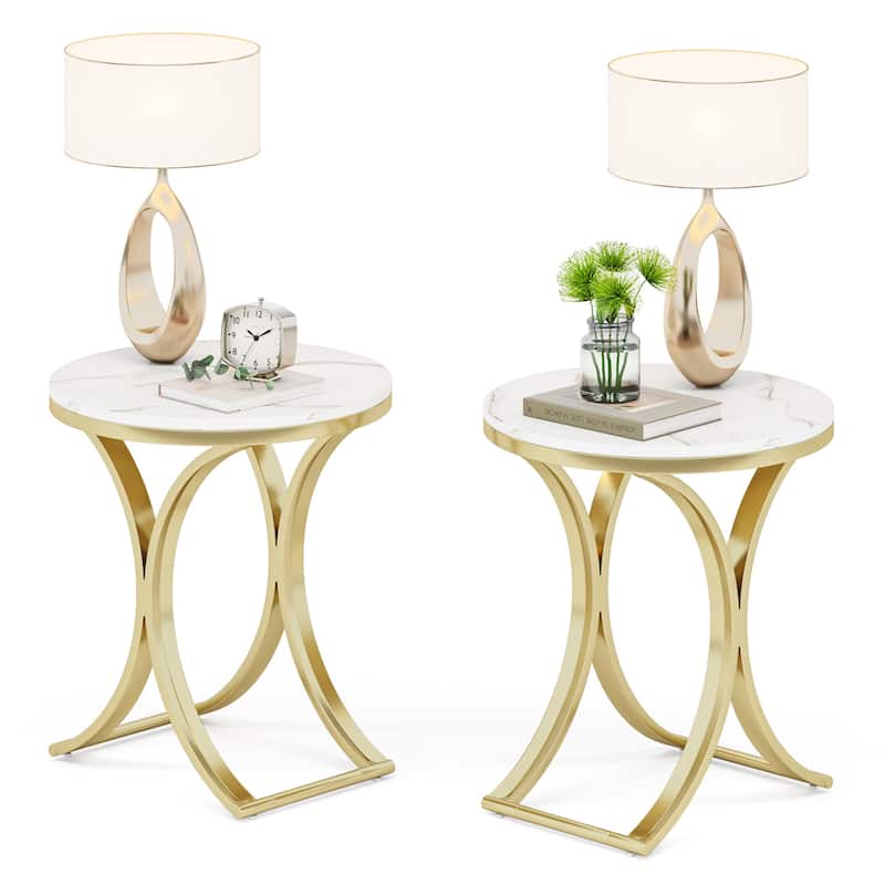 Small Modern Round Side Table End Table Nightstand with Gold Metal Frame and Faux Marble Veneer Engineered Wood for Living Room - White-2