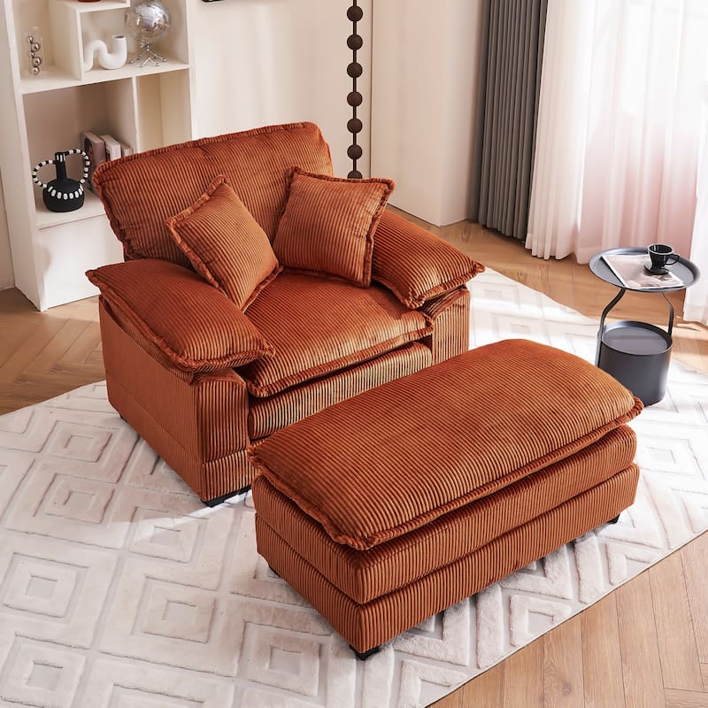 46.8Inch Corduroy single sofa With 2 toss pillows and a ottoman ,Comfy Sofa- Deep Seat Couch for Living Room - Orange