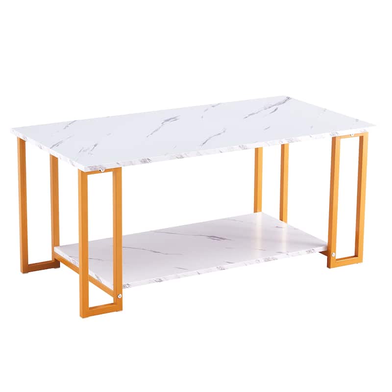 D&N Coffee Table Thick Marble MDF Rectangle White Top, Gold Leg