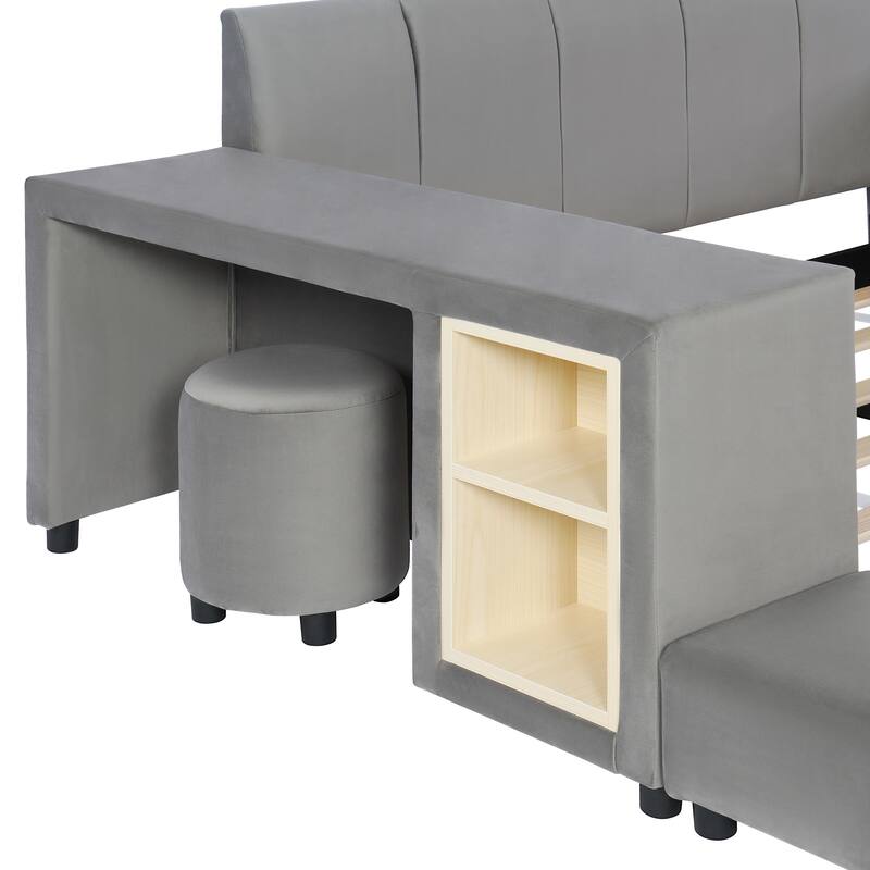 Roomfitters Full/Queen Size Upholstered Grounded Platform Bed with Bedside Desk and Round Stool, Velvet Fabric Bed Frame