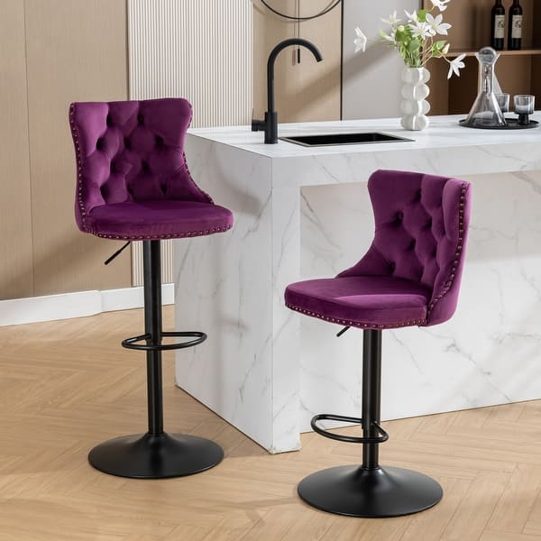 slide 2 of 18, Velvet Swivel Barstools, Adjustable Height Counter High Bar Chair, Purple Tufted Kitchen Island Dining Chair (Set of 2) Purple
