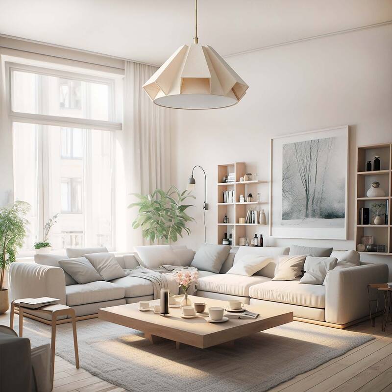 Geometric Modern Pendant Light - Metal, Fabric & Gold, Ivory Geometric Light Fixture For Modern, Coastal, Minimalist Room Decor