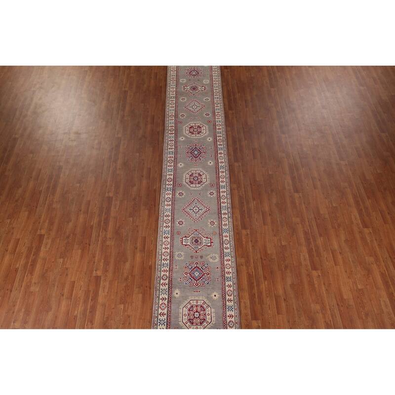 Geometric Kazak Runner Rug Handmade Hallway Wool Carpet - 2'8" x 19'5"