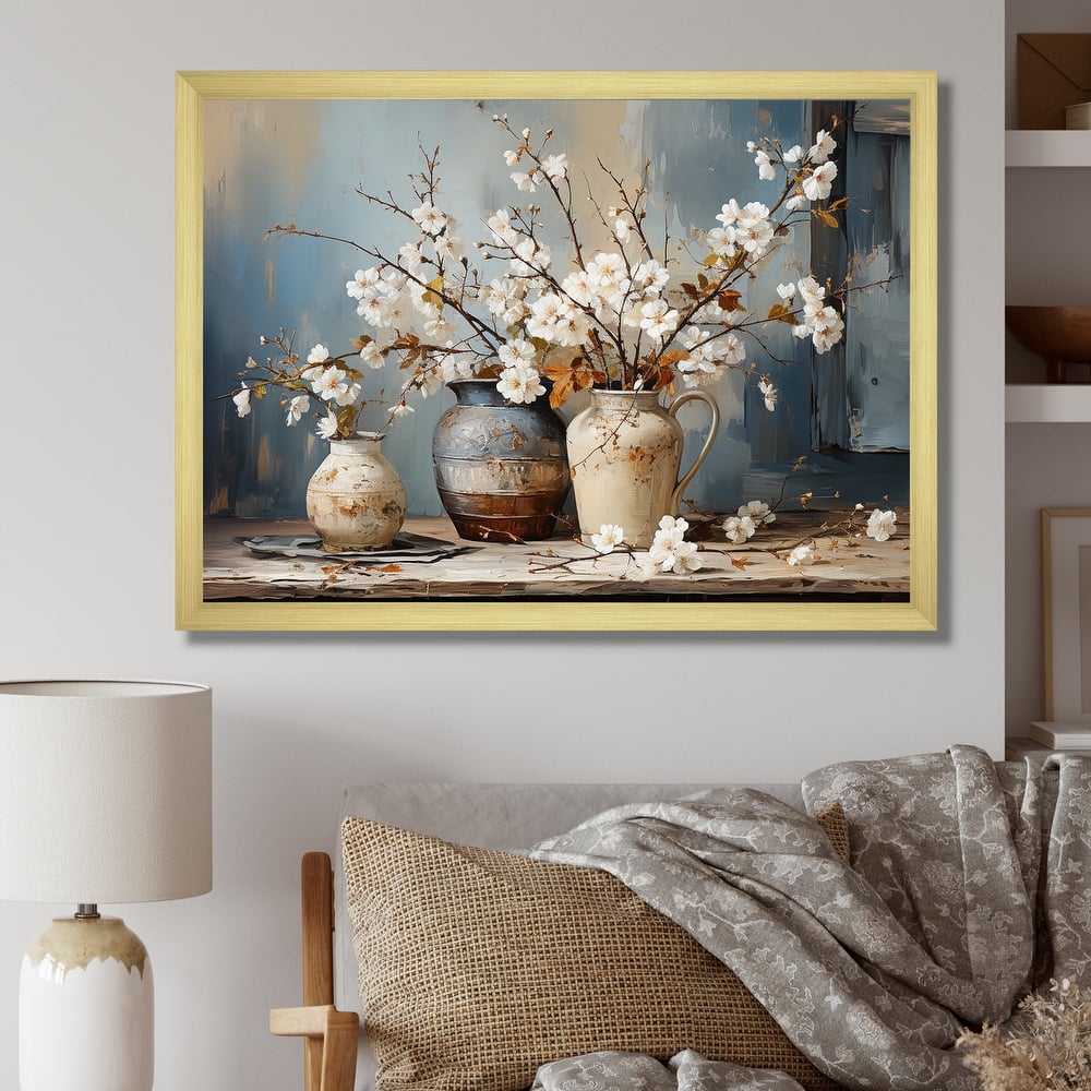 Designart "Pottery And Flowers Still Life I" Landscape Trees Framed Canvas Art Print
