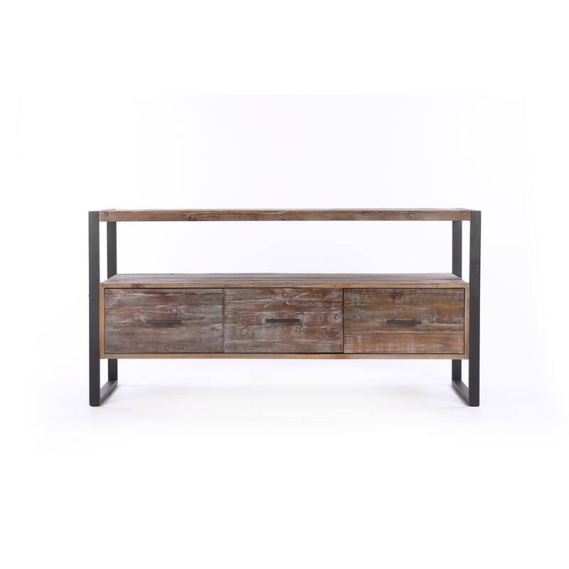 Modern Antique-Finish TV Stand Made from Recycled Wood TV Stand with 3 Drawers and Open Shelving, for Living Rooms