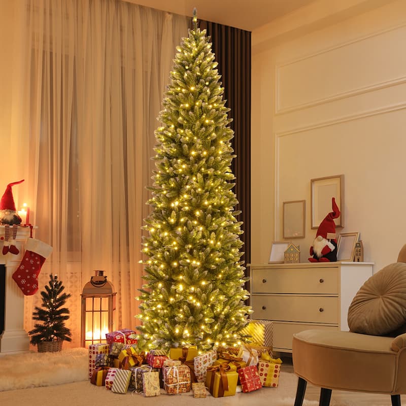 Costway 6FT/9FT Pre-Lit Christmas Tree Hinged Slim Pencil Xmas with