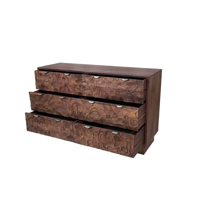HomeRoots 57" Brown Carved Abstract Solid Wood Six Drawer Dresser
