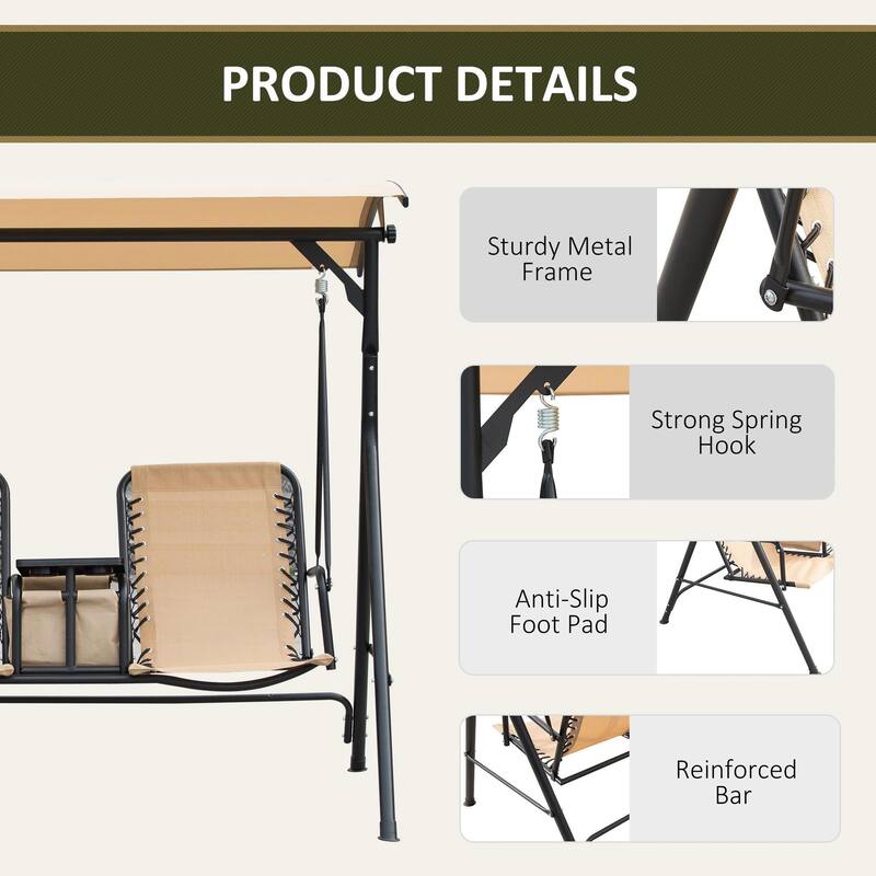 2-Seater Porch Swing with Pivot Table, Cup Holder, Adjustable Canopy