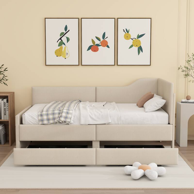Upholstered bed frame with 2 storage drawers