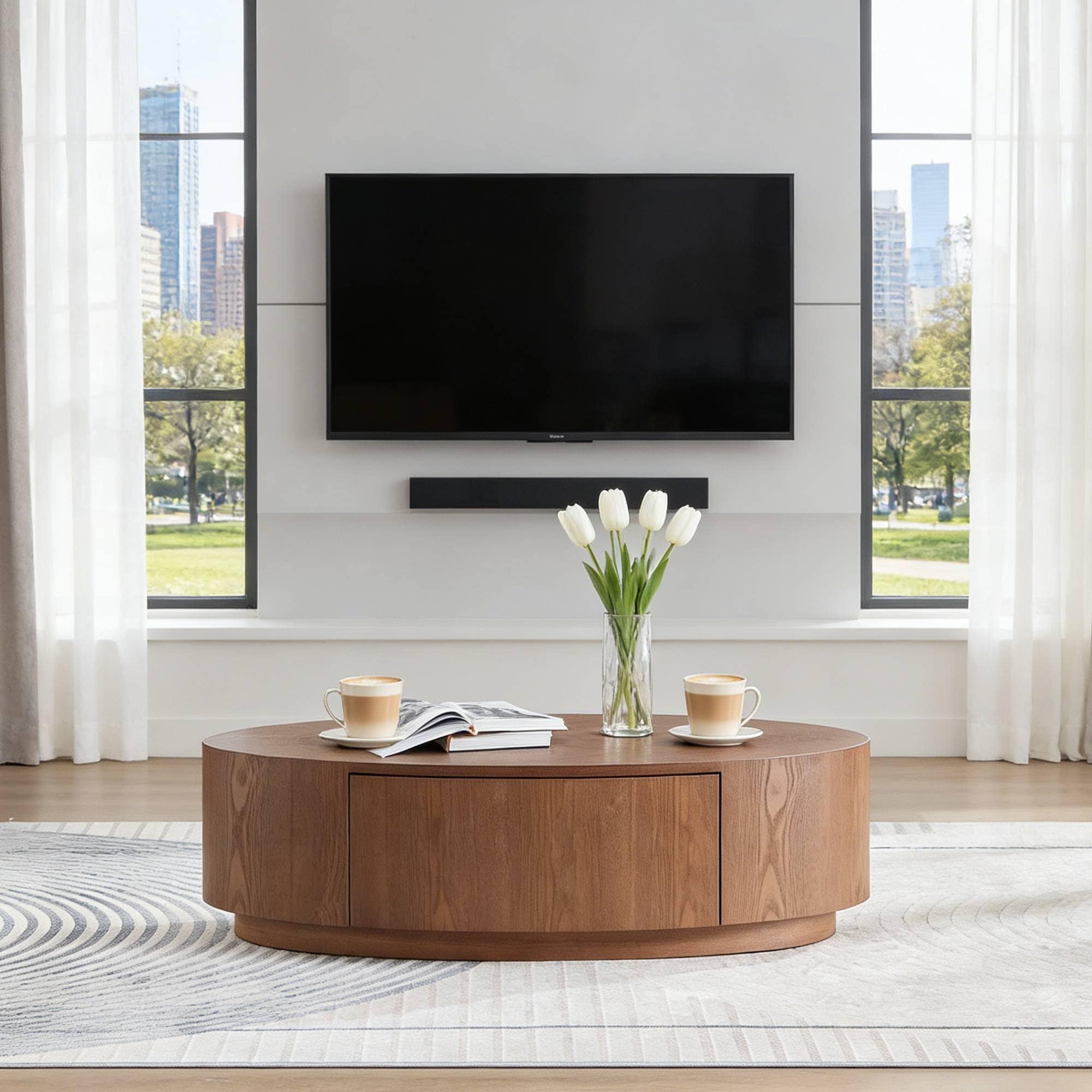 Oval Coffee Table Accent Table with Drawer, Elegant Side Table Sofa Table Dark Walnut Center Table End Table