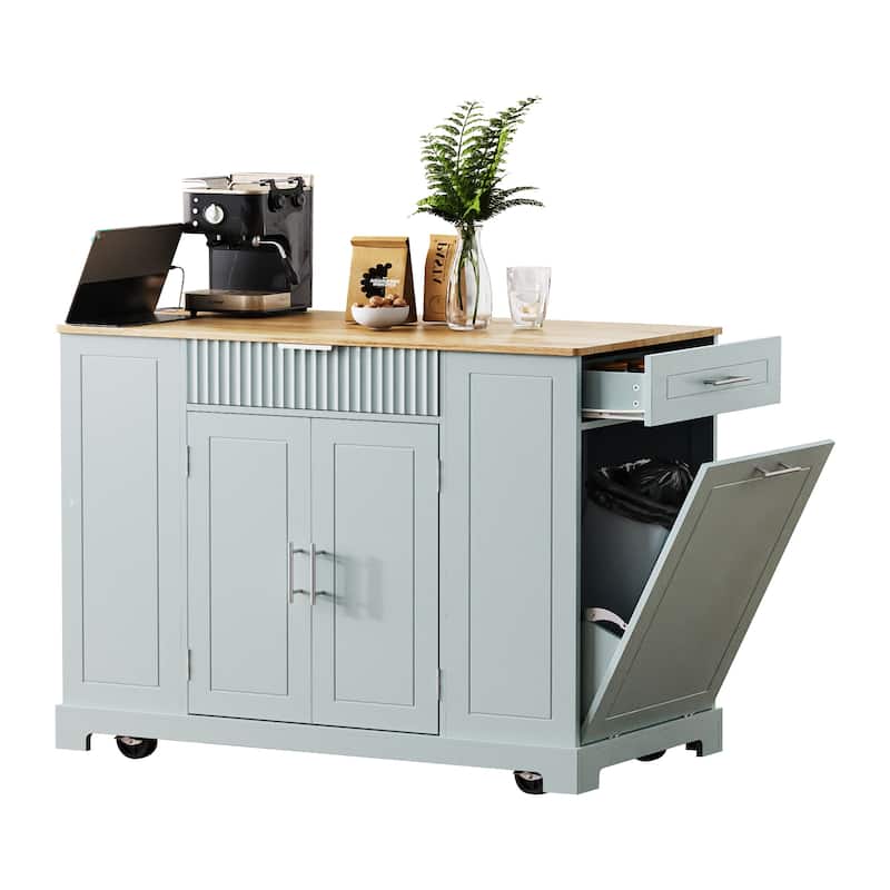 Fluted Kitchen Island with Trash Can Storage Cabinet, Kitchen Cart with Power Outlet Rolling Kitchen Islands on 5 Wheels