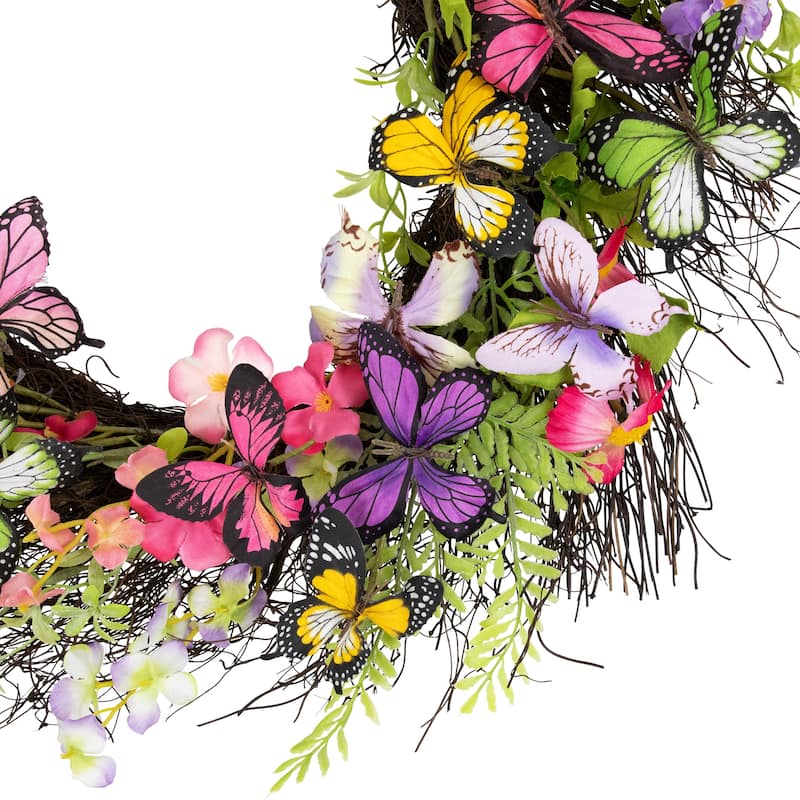 Butterfly and Wildflower Floral Twig Spring Wreath - 24"