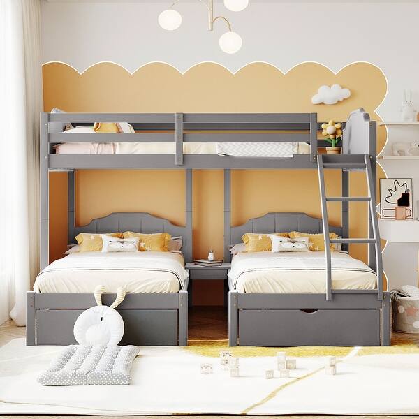 slide 2 of 11, Full Over Twin & Twin Bunk Bed with Drawers, Velvet Triple Bunk Bed with Guardrails, Pine Wooden Bed with Ladder, Grey Grey