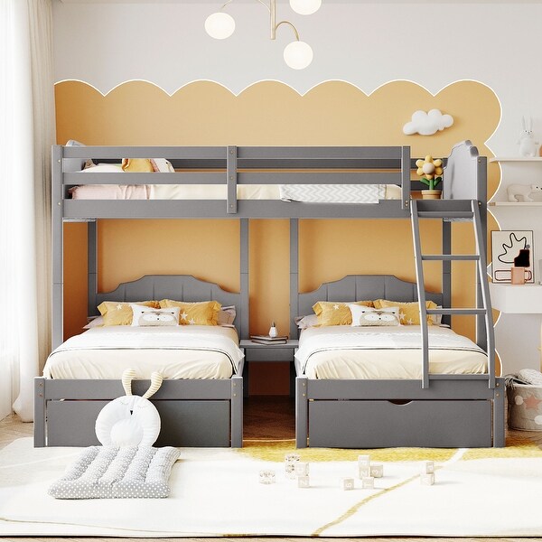Velvet Triple Bunk Bed with Drawers Guardrails Full Over Twin Twin Solid Wood Bedframe for 3 Kids Convertible into 3 Beds On Sale Bed Bath Beyond 38460824