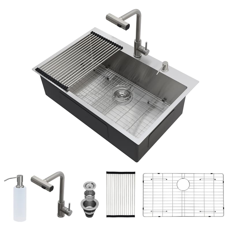 Drop-in Single Bowl 16 Gauge Stainless Steel Kitchen Sink with Pull-Out Faucet in Brushed Nickel