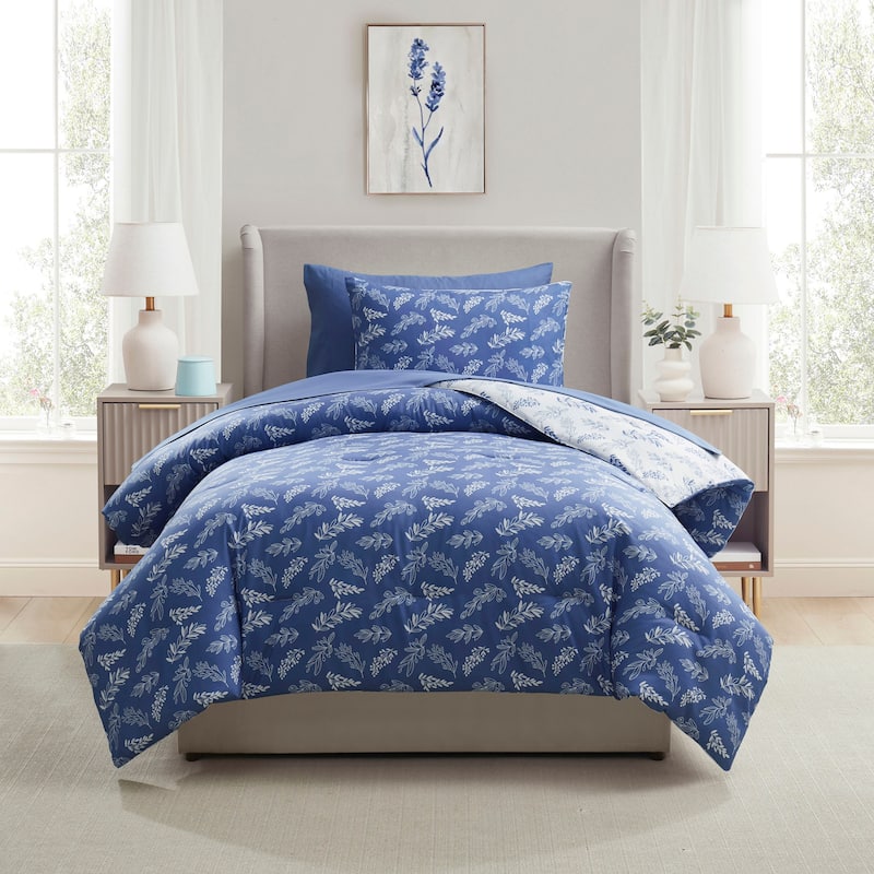 Empyrean 7 Pc Botanical Comforter Set with Sheets, Soft Breathable Lightweight Bedding Bag - Slate Blue/Cloud Stone - Twin
