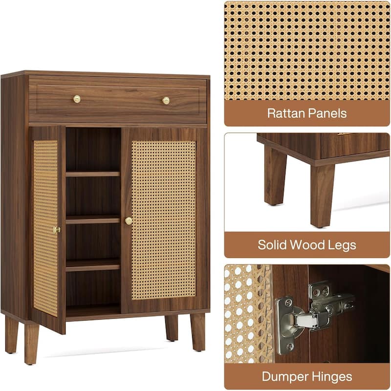 Modern Shoe Cabinet with Adjustable Shelves and Drawer Rattan Panels for Entryway Storage - 31.49”L x 15.74”W x 43.3”H