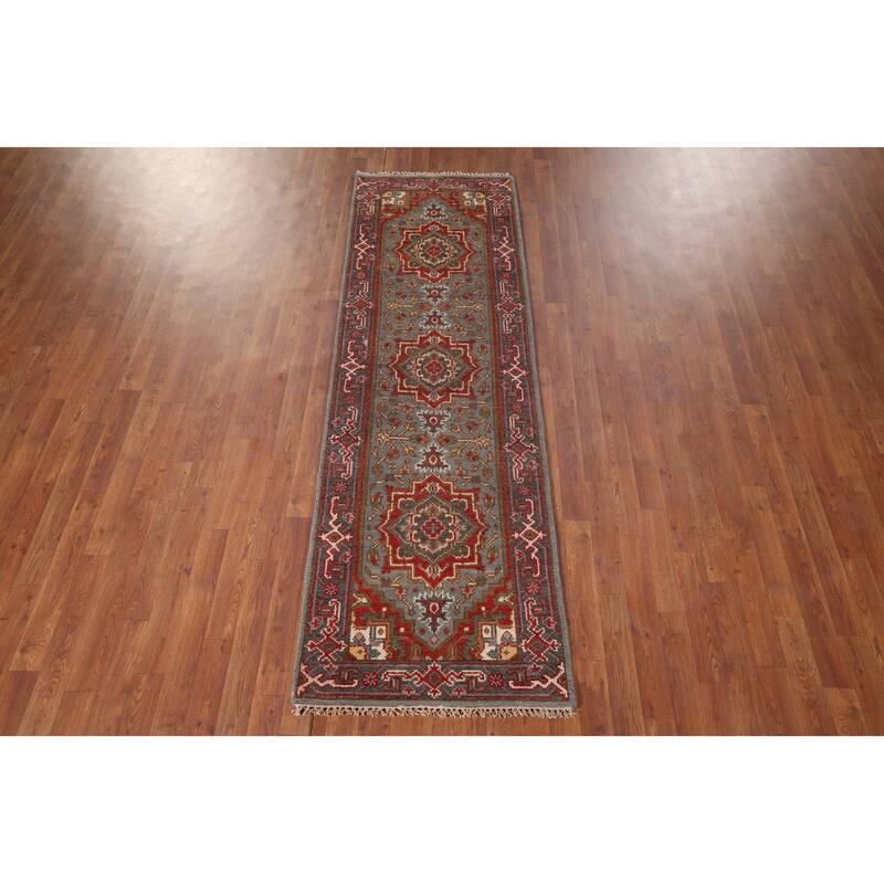 Gray Geometric Kazak Oriental Runner Rug Handmade Wool Carpet - 2'6"x 7'11"