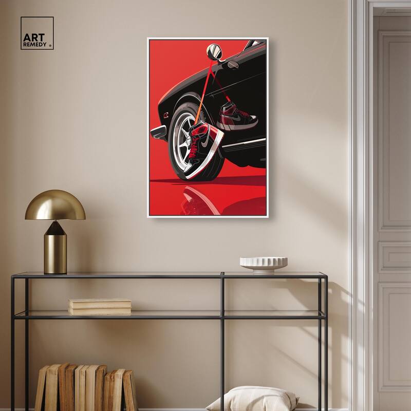 Red Bold Sneaker and Car Canvas by Art Remedy
