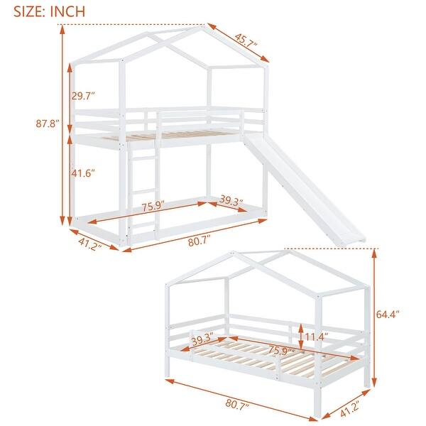 dimension image slide 0 of 3, House Twin Bunk Bed with Slide, Ladder & Guardrails - Safe for Kids