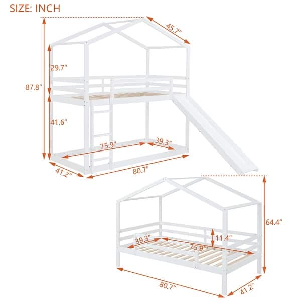 dimension image slide 2 of 3, Twin Over Twin Bunk Bed with Roof, Slide & Ladder, Playhouse-Inspired Design, Safe & Fun, Multiple Installation Options, Grey