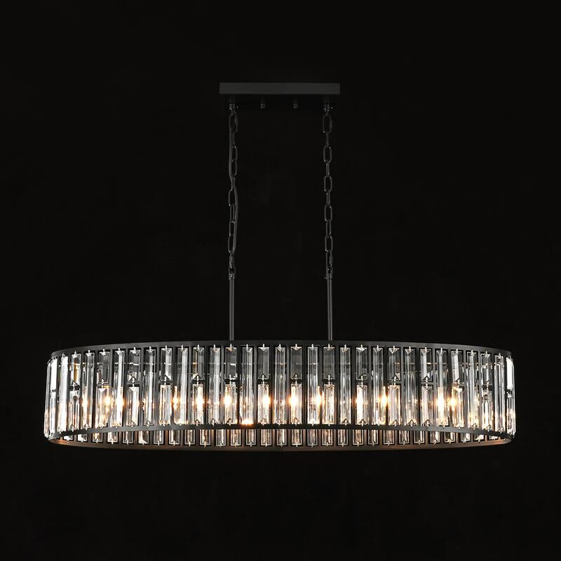 6-Light Modern Vintage Black Crystal Chandelier with Curved Drum Frame, Rectangular Island Pendant Light