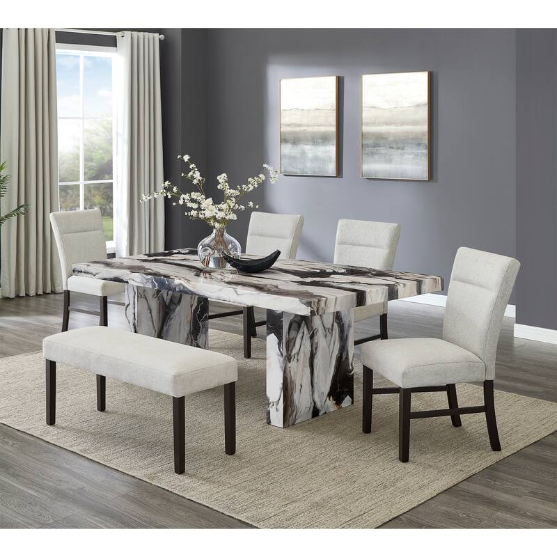 Roundhill Furniture Cavira Modern Faux Marble Dining Table with 4 Chairs and Bench