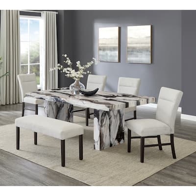 Roundhill Furniture Cavira Modern Faux Marble Dining Table with 4 Chairs and Bench