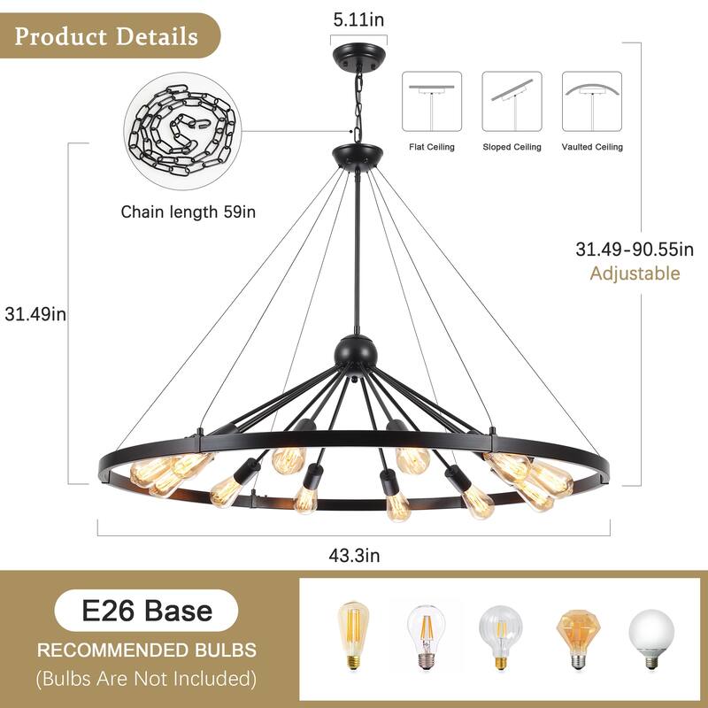 12-Light W43.3" x H90.55" Wagon Wheel Chandelier for Study Bedroom