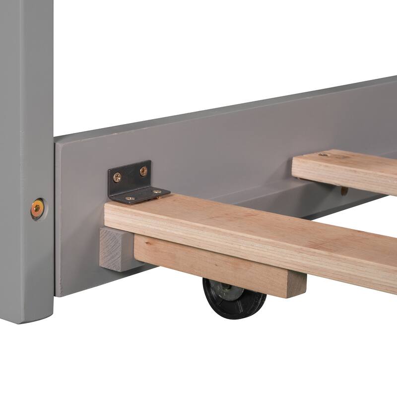Twin Size Platform Bed with Built-in Desk and Drawers Linked, L-Shaped Trundle, Wooden Support Bed Frame No Box Spring Needed