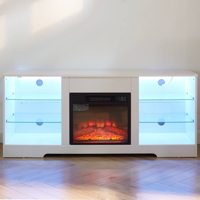 Modern 3D Fireplace TV Stand with USB Ports, LED Color Options, and Glass Storage Shelves for TVs 32-62'' - Black
