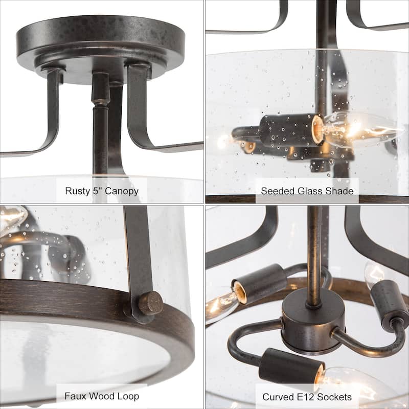 Modern 3-Light Wood Metal Semi Flush Mount Farmhouse Glass Drum Ceiling Lights