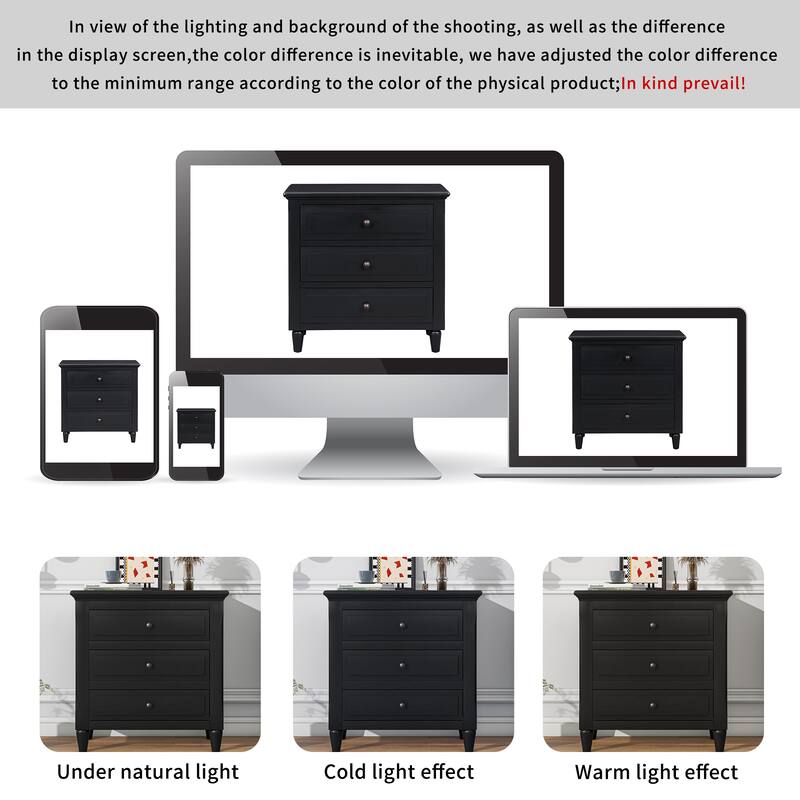 U_STYLE 28'' Painted 3-Drawer Nightstand - Smooth Rails + Rubber Legs, Minimalist Bedside/Sofa Side Table