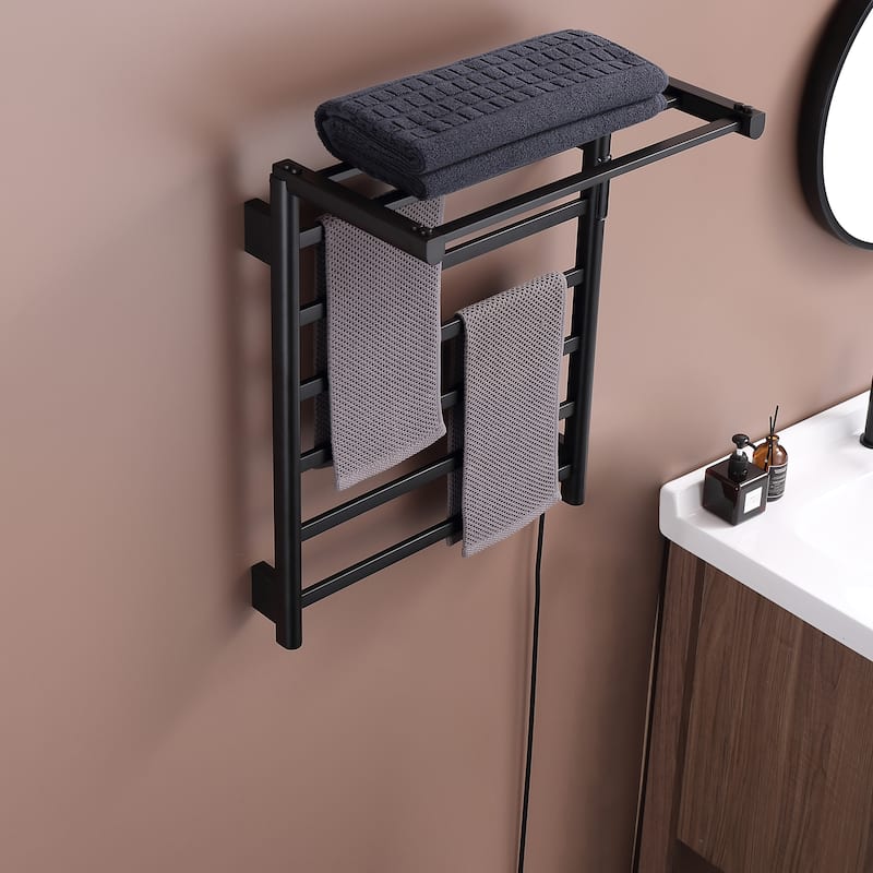 Heated Towel Rack 6-Bar Towel Warmer Rack Wall Mounted Electric Towel Drying Rack with Timer Plug-in/Hardwired