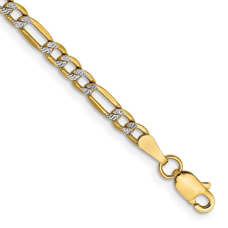 Curata 14k Solid Sparkle-Cut Lobster Claw Closure 3mm Pave Curb Chain Bracelet - 7 Inch - Lobster Claw