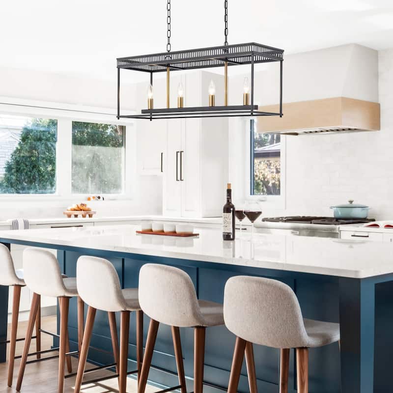 4-Light Black Industrial Rectangular Caged Chandelier Kitchen Island - Dia.29.92-in