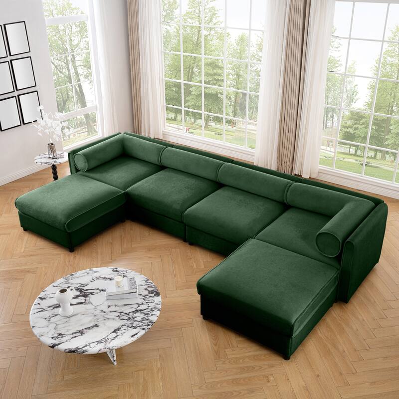 Modern Chenille 6-Seater Sofa with Ottoman Storage, Hidden Storage, Cylindrical Cushioned Arms and Backrest