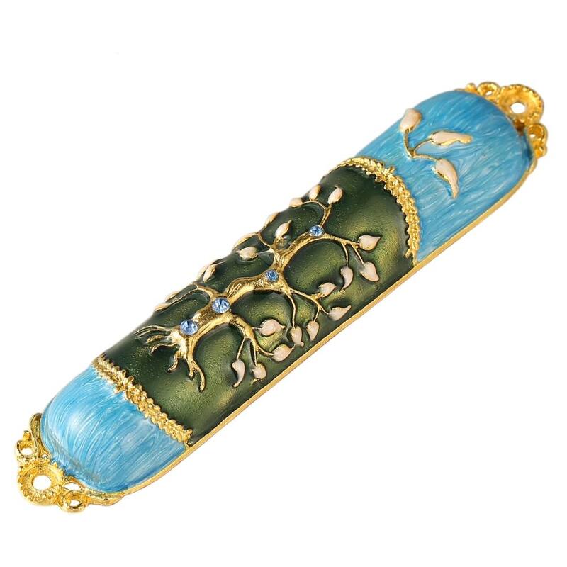 Hand Painted Enamel Mezuzah Embellished with a Tree of Life Design with Gold Accents and High Quality Crystals by Matashi