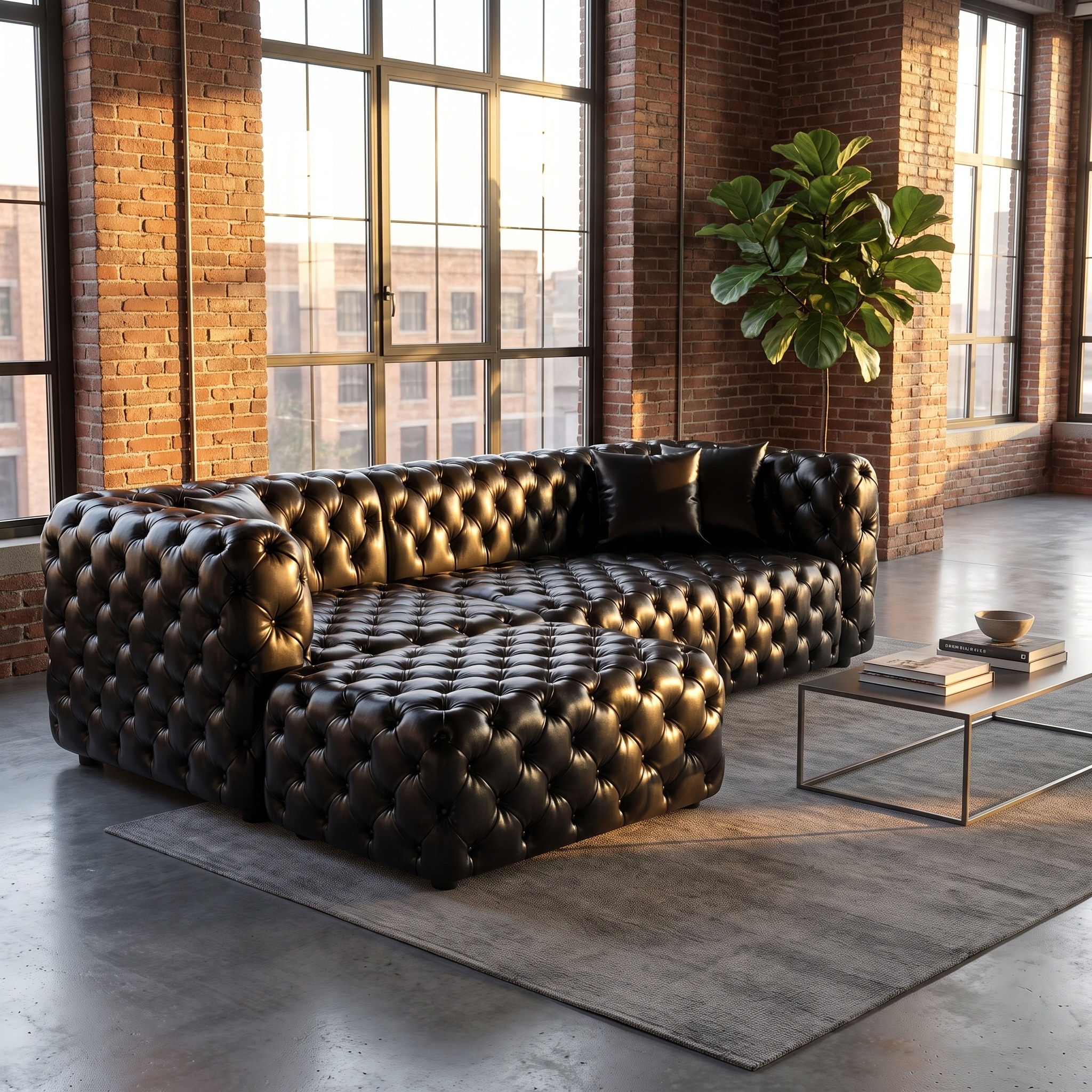 77" Faux Leather Modular Sectional Sofa, 2-Seater Couch with Ottoman, Button Tufted Sofa Set