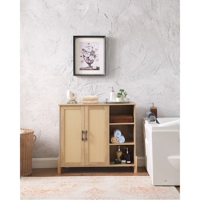 GDFStudio - Harper Mid-Century Modern Storage Cabinet with Woven Rattan Doors, Open & Adjustable Shelves - Particle Board