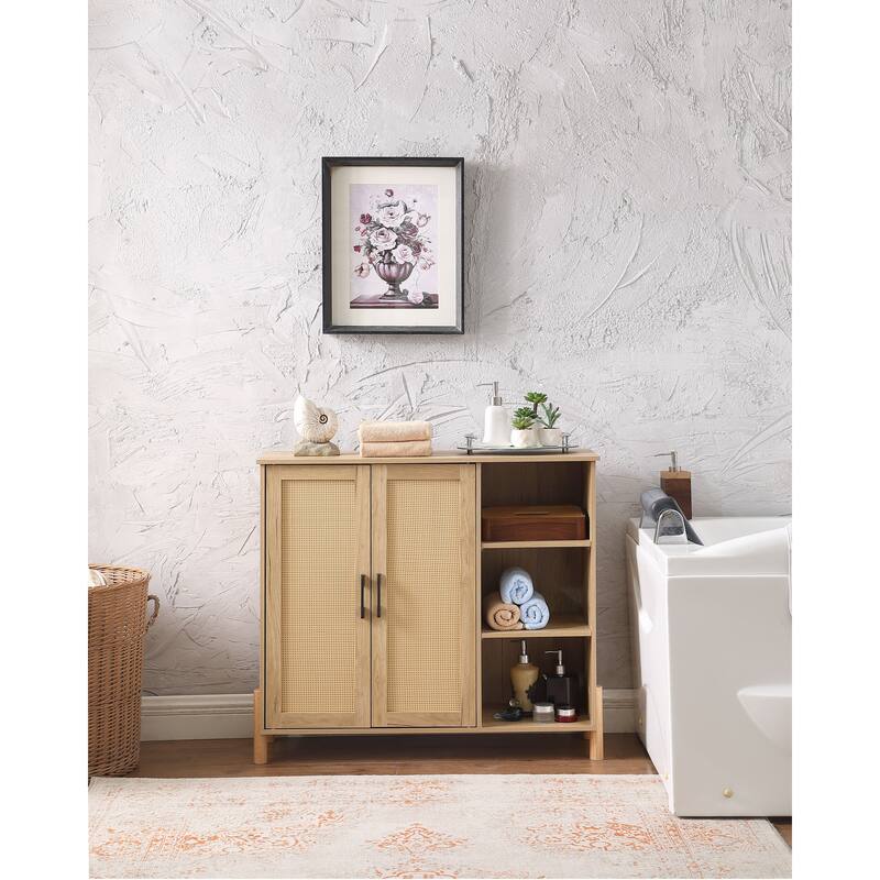 Mid-Century Modern Storage Cabinet with Woven Rattan Doors, Open Shelves & Adjustable Shelves - Perfect - Natural
