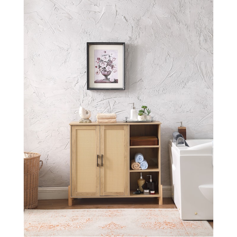 Mid-Century Modern Storage Cabinet with Woven Rattan Doors,Open Shelves & Adjustable Shelves - Natural