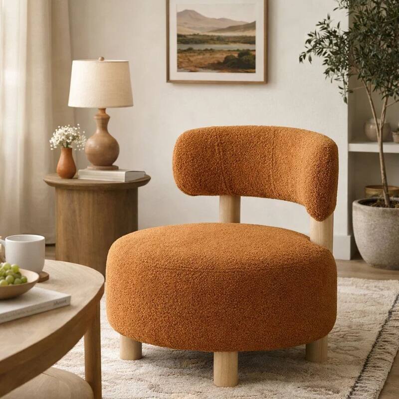 Zona Accent Chair, Barrel Back, Orange Boucle Fabric and Brown Wood