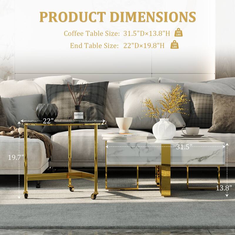 Modern Luxury Square Faux Marble Coffee Table Set Nesting Coffee Table with End Table