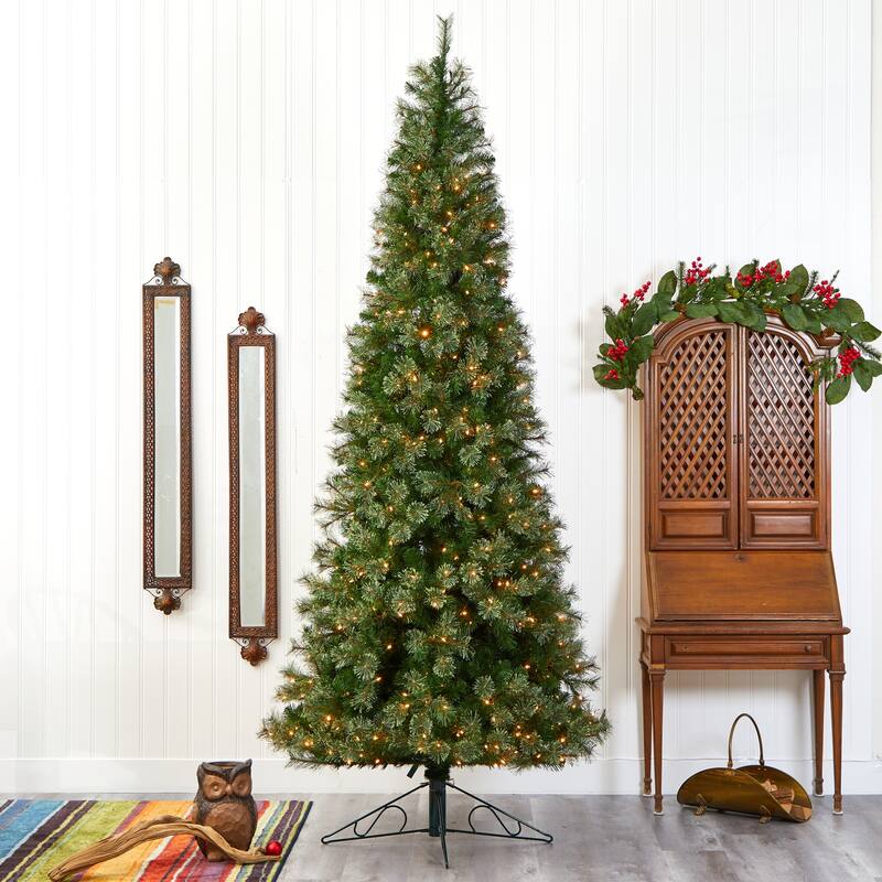10ft Slim Christmas Tree with Lights - Pencil Artificial Holiday Tree, 750 LED Lights & Stand - Green - 120