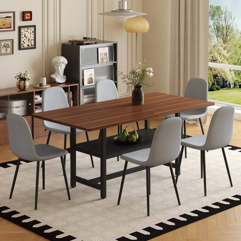 7-Piece Modern Dining Table Set, 71x35.4 Inch Wood Grain Table & 6 High-Resilience Fabric Chairs